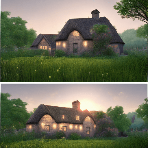 AI generated: Grid of 4 photo of a beautiful green field and a cottage in the back, 4k, hyper realistic, unreal en...