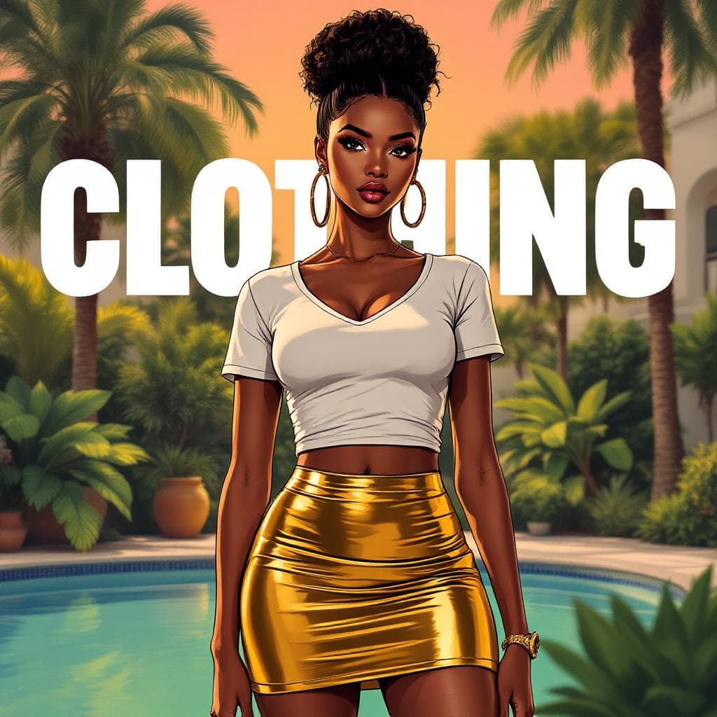 AI generated: Cartoon illustration, comic book cover featuring a gorgeous Afro-American woman, high bun dark hair,...