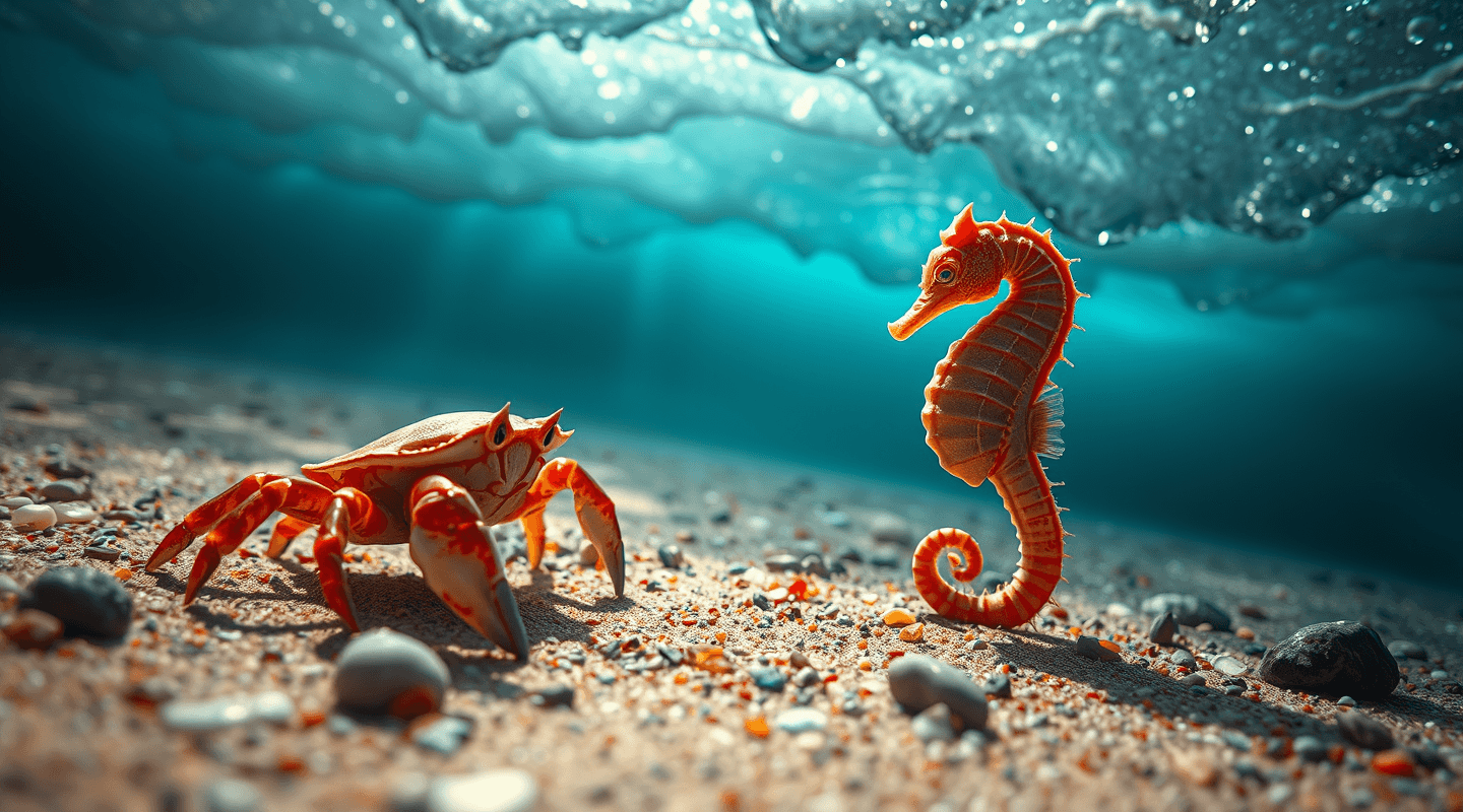 AI generated: 200 mm macro photo of sea bed, under the most beautiful stormy sea foamy waves, hyper realistic crab...