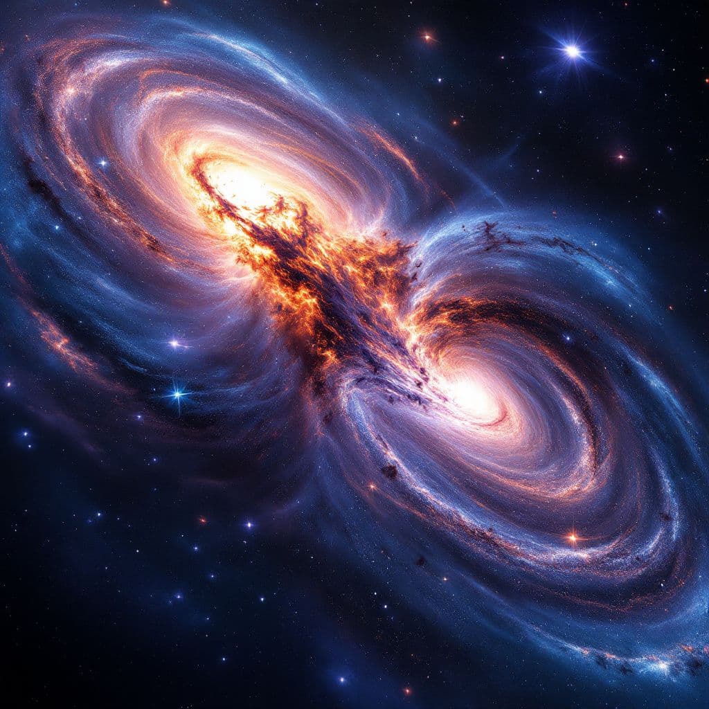 AI generated: A view of a galaxy collision. The style is reminiscent of a Hubble Space Telescope image, with a foc...