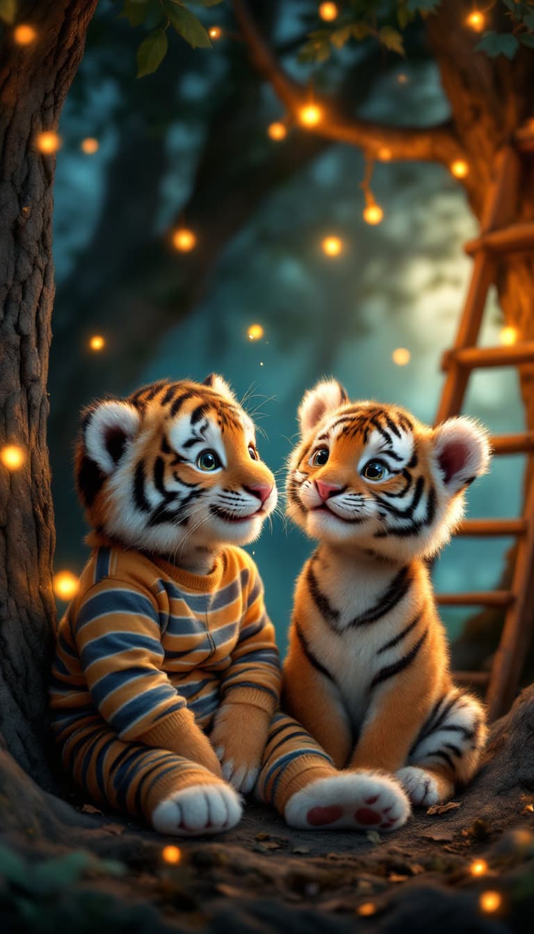 AI generated: smiling baby in striped pajamas beside baby tiger cub in treehouse setting, both same height, fairy ...