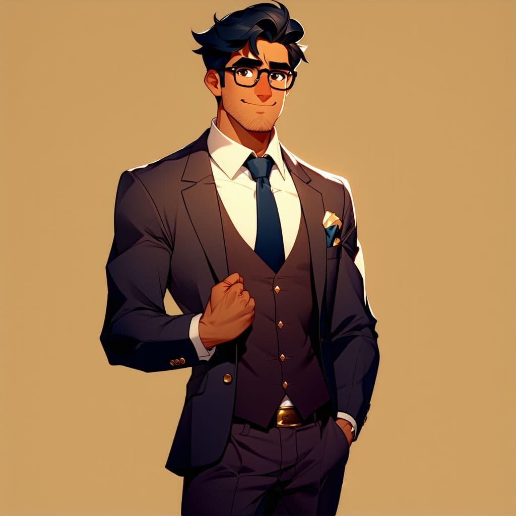 AI generated: Arcane artstyle. Tall indian male, confident, intelligent. Golden skin, early 20s, lean. Black short...