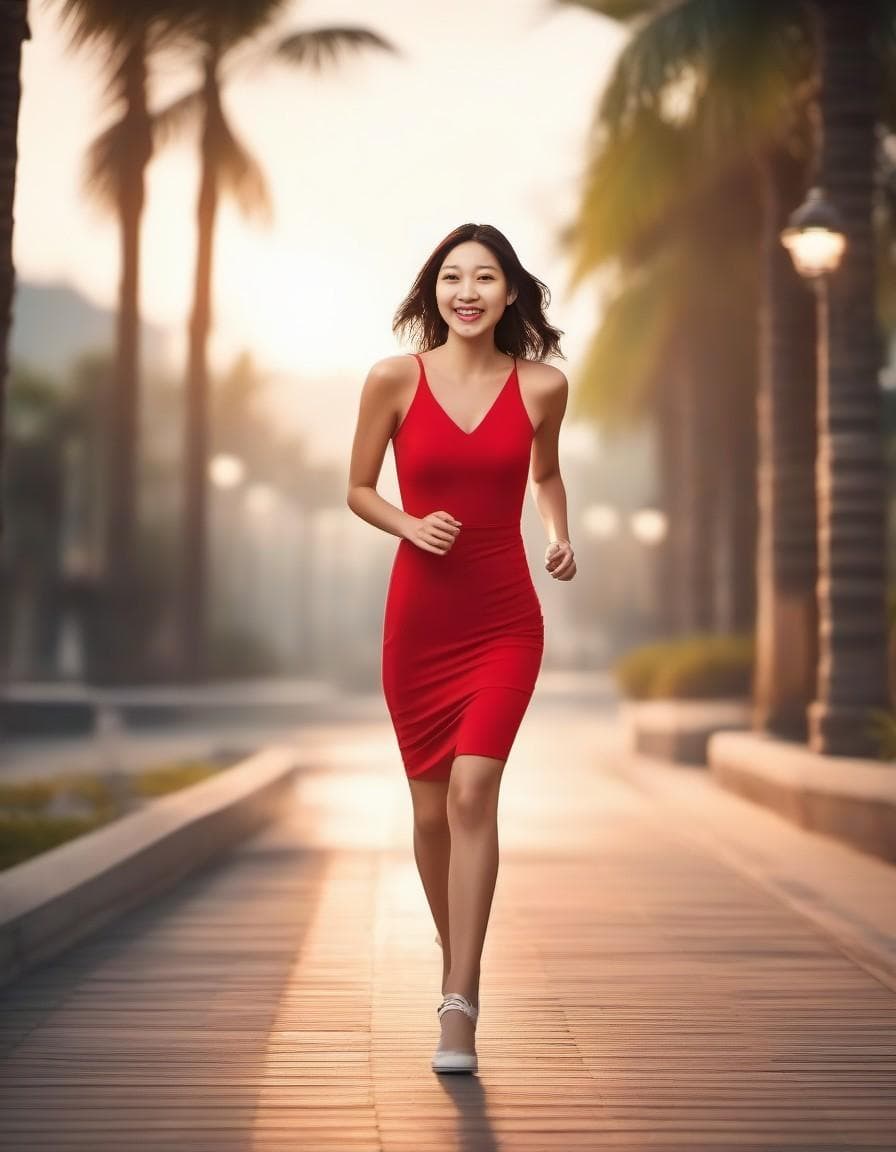 AI generated: gorgeous famale, running, paradise in background, attractive, flirting, glamour clothes, red dress, ...