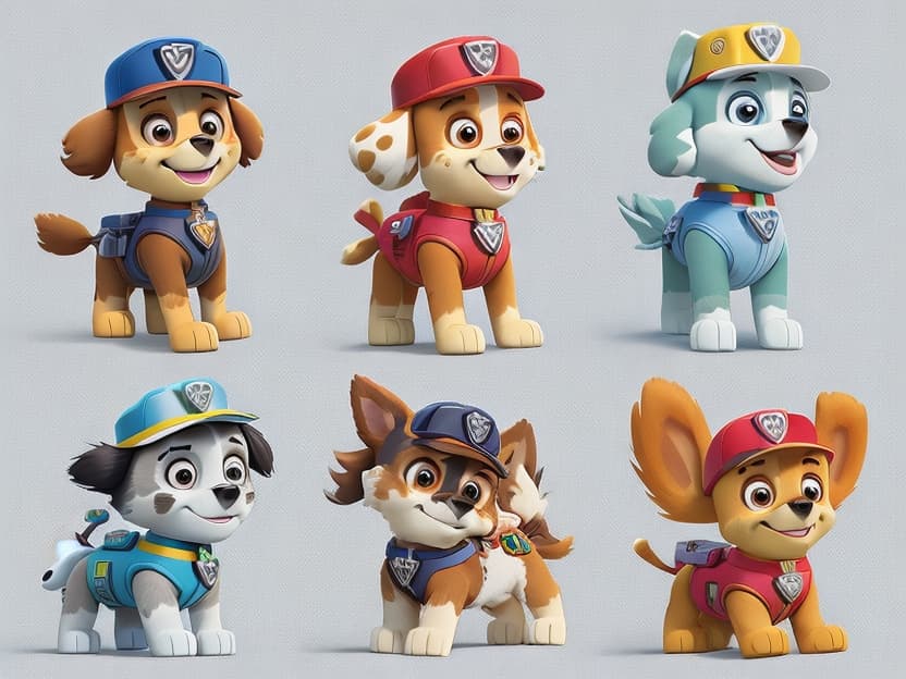 AI generated: icon paw patrol , on white background, various poses and movements, various emotions. funny mood, fu...