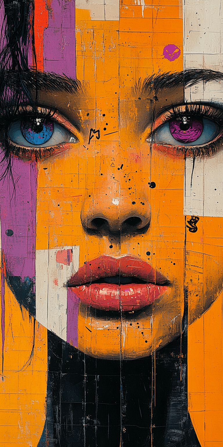 AI generated: A mixed media collage featuring an abstract female figure with expressive eyes, adorned in vibrant p...