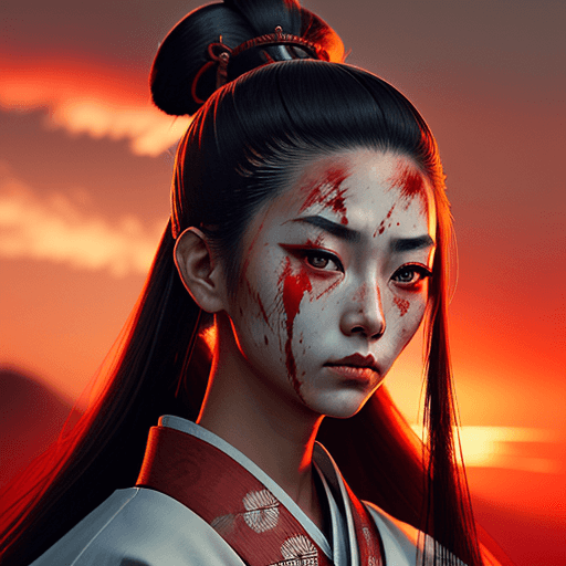 AI generated: A portrait of a female Samurai, long straight hair in a topknot, wearing traditional samurai clothin...