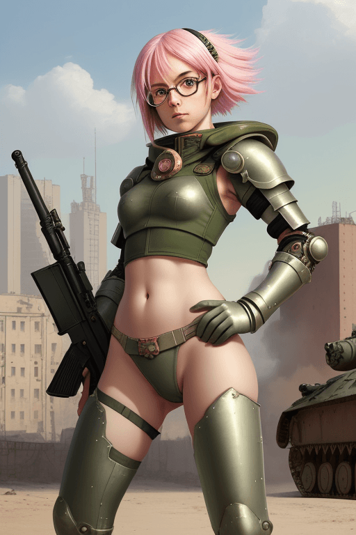 AI generated: 1girl, humanization, tank girl, (weapon), (long gun), little girl, city background, metal waltz, whi...