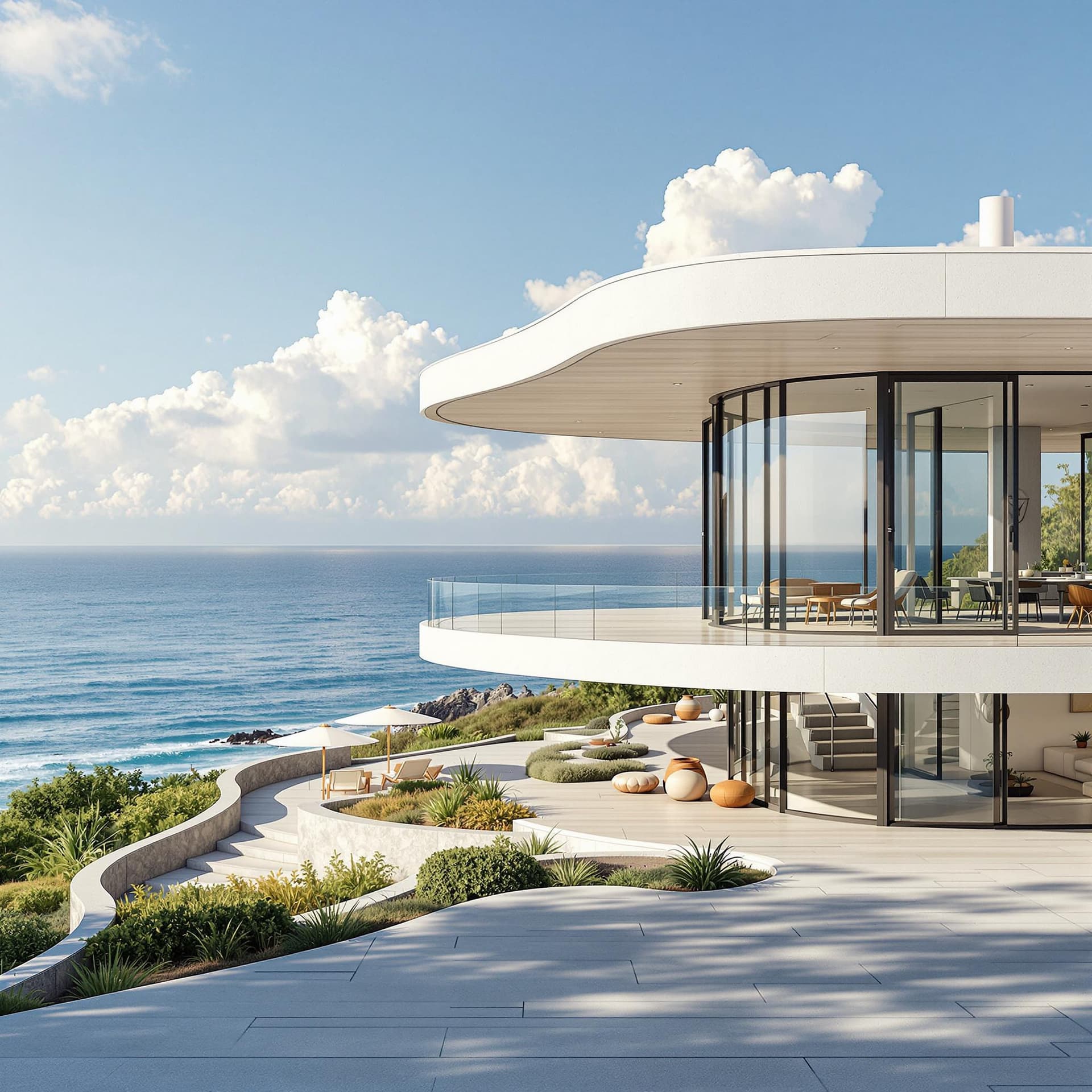 AI generated: Hyper realistic eye level exterior photo of a mid century modern style house overlooking the ocean, ...