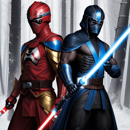 AI generated: 
A tall black and blue ninja that looks like sub-zero with a white lightsaber and red belt versus a ...