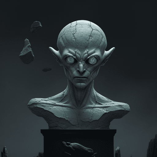 AI generated: broken Alien represented by a stone statue breaking apart in the style of an eerie digital painting,...