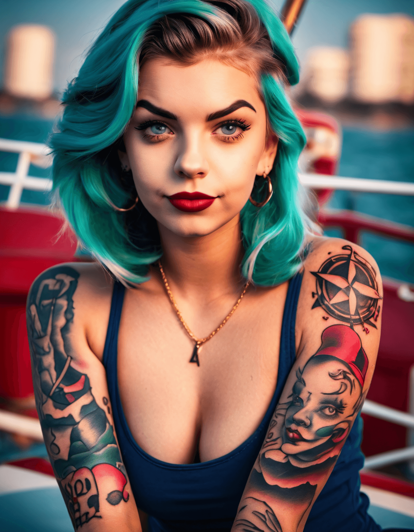 AI generated: Masterpiece, Best Quality, Classic American traditional tattoo style a teenage girl ,. Bold lines, n...