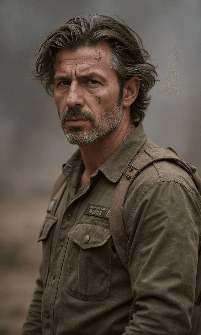 AI generated: The British SIS agent, wild shoulder,  stands after, bravery on his face, tired and beaten, sand on ...