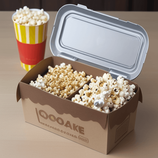 AI generated: snackbox, with chocolate bar inside, snacks inside, potato chips inside, apple juice inside, popcorn...