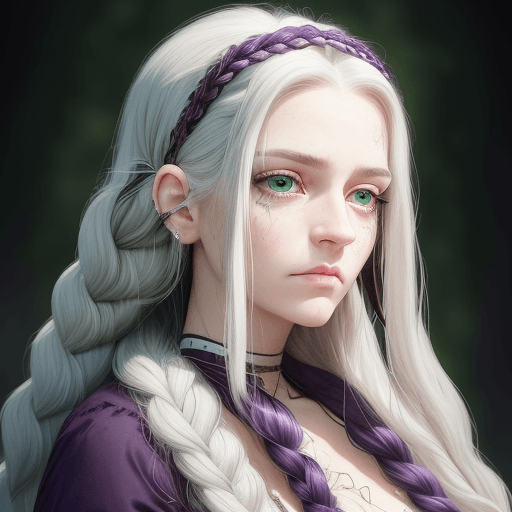 AI generated: A woman with long deep purple hair styled in a side braid, adorned with white hair accessories. She ...