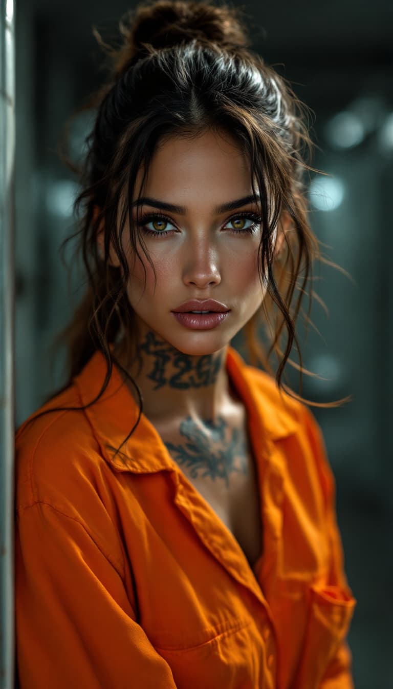 AI generated: female prisoner (Jennifer Lopez), prison, orange suit, cell, tattoo, (tattoos), (full body visible),...