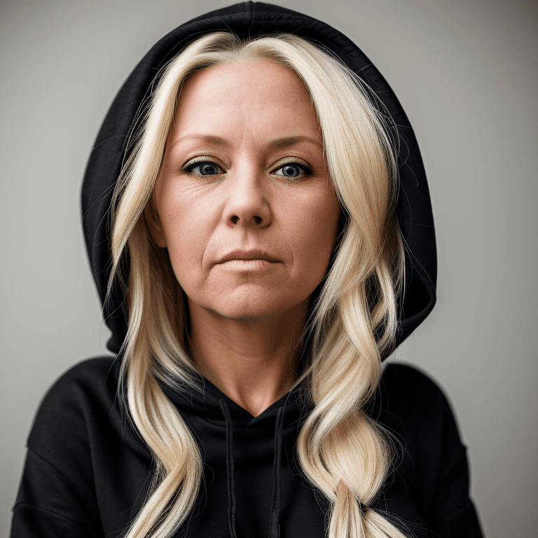 AI generated: hyper realistic headshot photo of a 45 year old woman, wearing a black hoodie, blonde long hair,  lo...