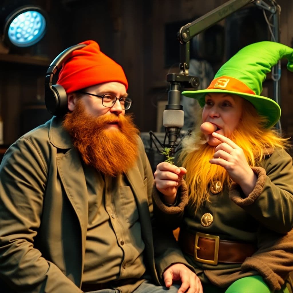 AI generated: Joe Rogan on set with mysterious leprechaun. smoking weed