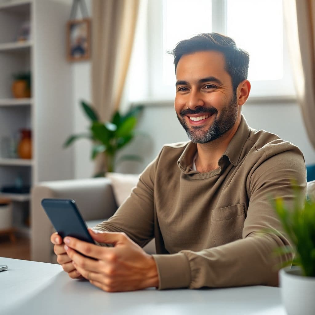 AI generated: A healthy-looking Latin man in his early 40s holding a mobile phone looking directly at phone, sitti...