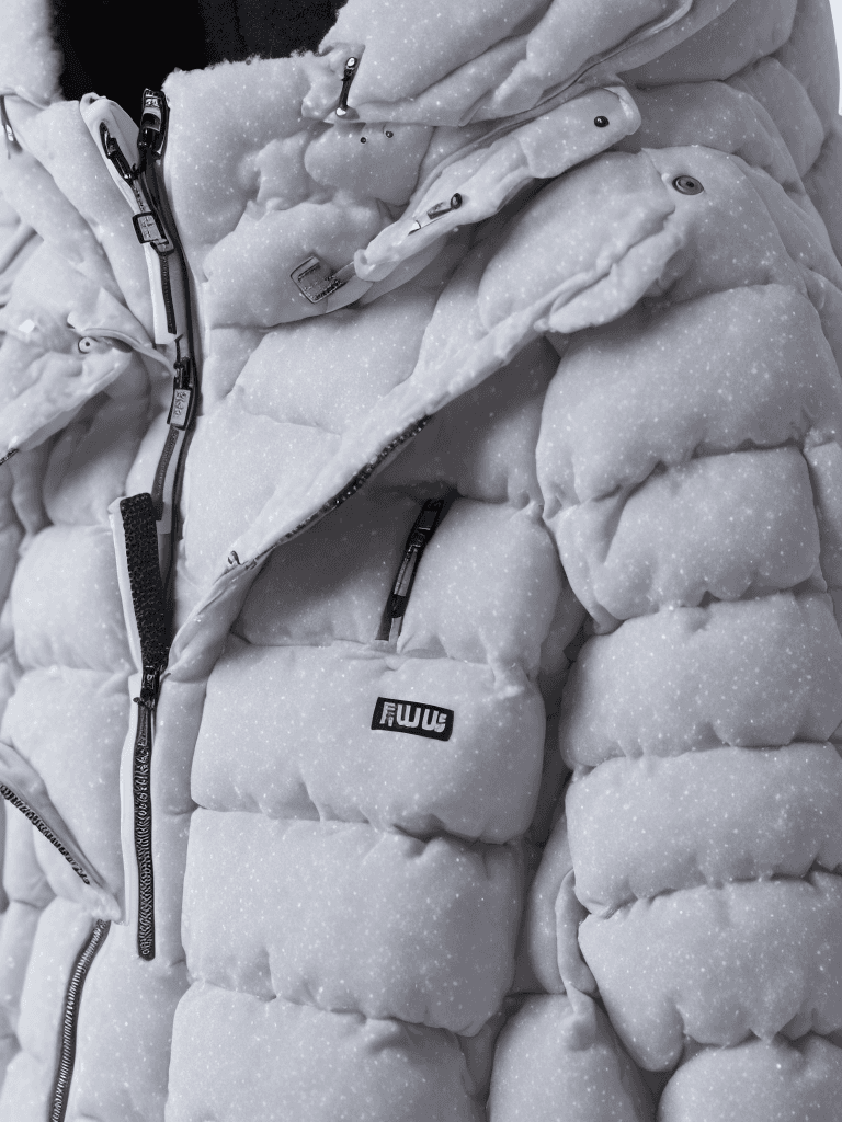 AI generated: milky Fubu winter puffer jacket, design trend, design by kanye west, on a white background, octane, ...