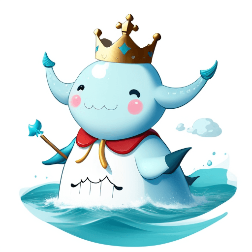 AI generated: Narwhal, with tusk, smiling, crown on head, in lifejacket, white background