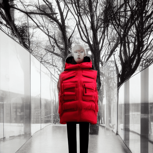AI generated: well lit fashion shoot portrait of extremely beautiful female wearing massively over size puffer jac...