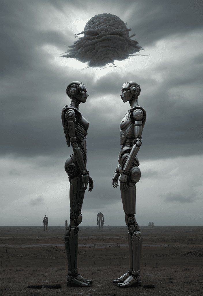 AI generated: two humanoid stand in an open landscape with a cloudy sky, dystopia, post atomic environment, physic...