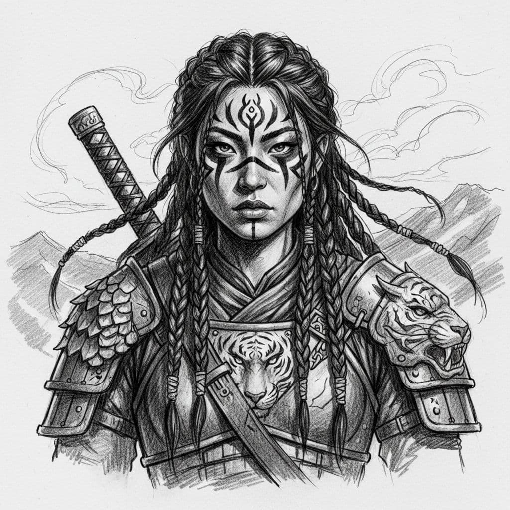 AI generated: black and white drawing of a Asian warrior woman with braided hair, wearing war paint on her face, -...