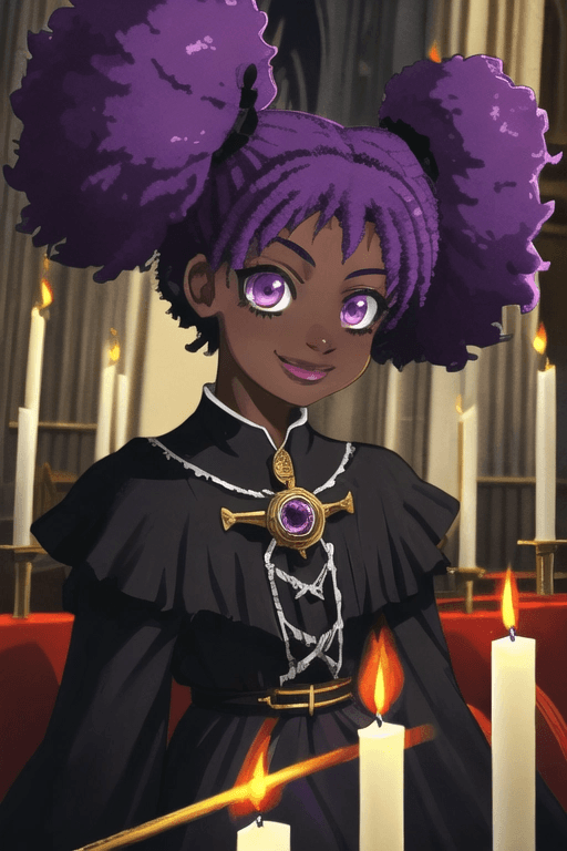 AI generated: dark-skinned_female, goth, gown, afro_twintails, purple_hair, cathedral, interior, candles, magic, c...