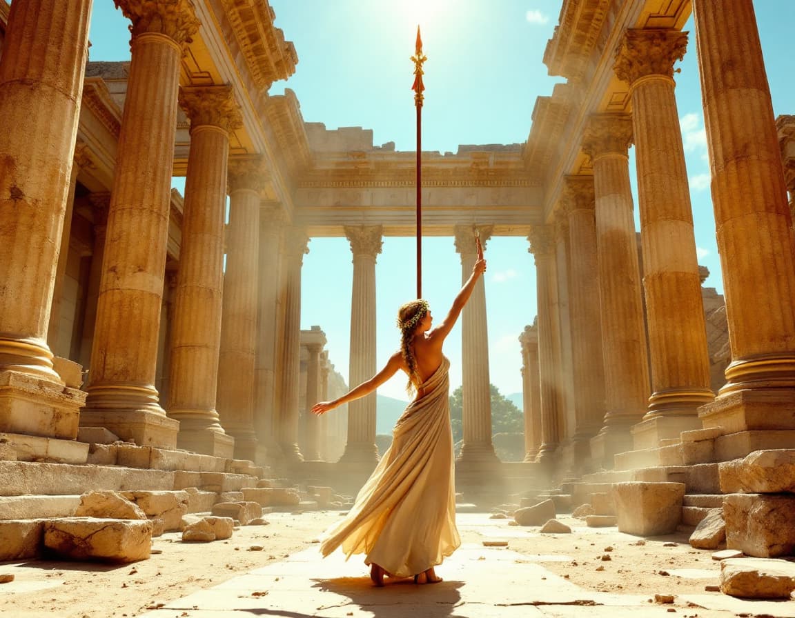 AI generated: In the heart of a sunlit Roman ruin, a noble woman performs a ceremonial dance while holding a tall ...