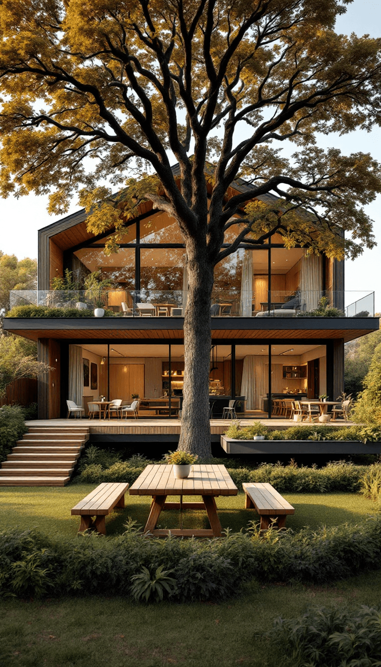 AI generated: A wide-angle shot of a two-story modern cottage house, with the second floor stretching across in wi...