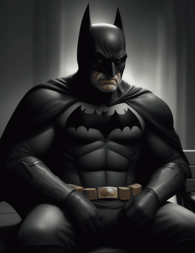 AI generated: Batman Field Knight photographed by sofia coppola, MUSCLED OLD MAN looking at the camera, sitting on...