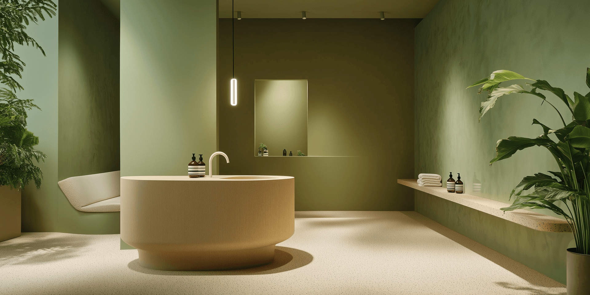 AI generated: Photo, Aesop-branded store design, minimal interior space with warm, low-luminosity indirect lightin...