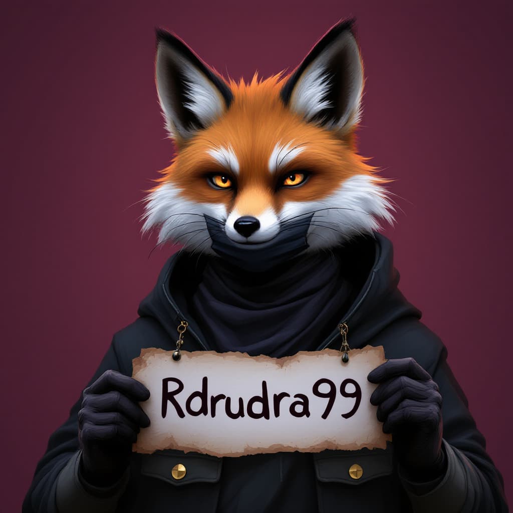 AI generated: A portrait of a digital fox wearing a mask over his mouth holding a banner "Rdrudra99"
