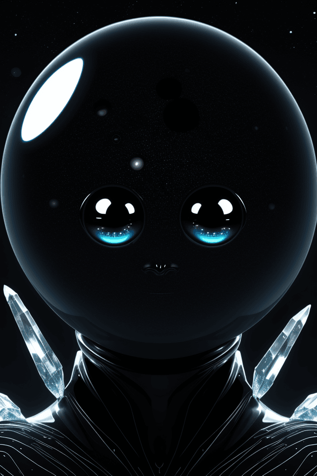 AI generated: an alien made of crystal::2 big shiny black eyes, soulful eyes::planet in the background --v 4 --q 2...