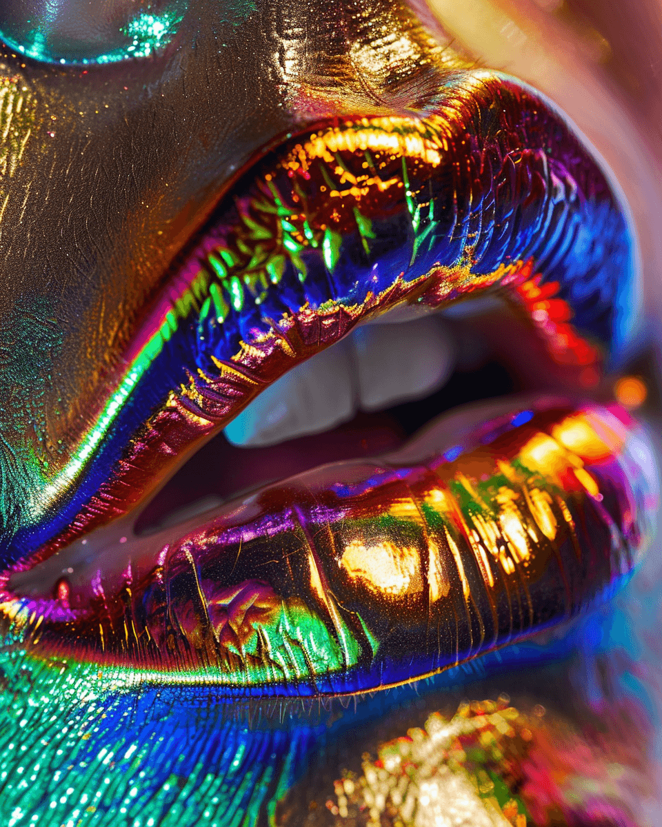 AI generated: Close up of lips, front view portrait, made from shiny colorful metallic material, in the style of H...