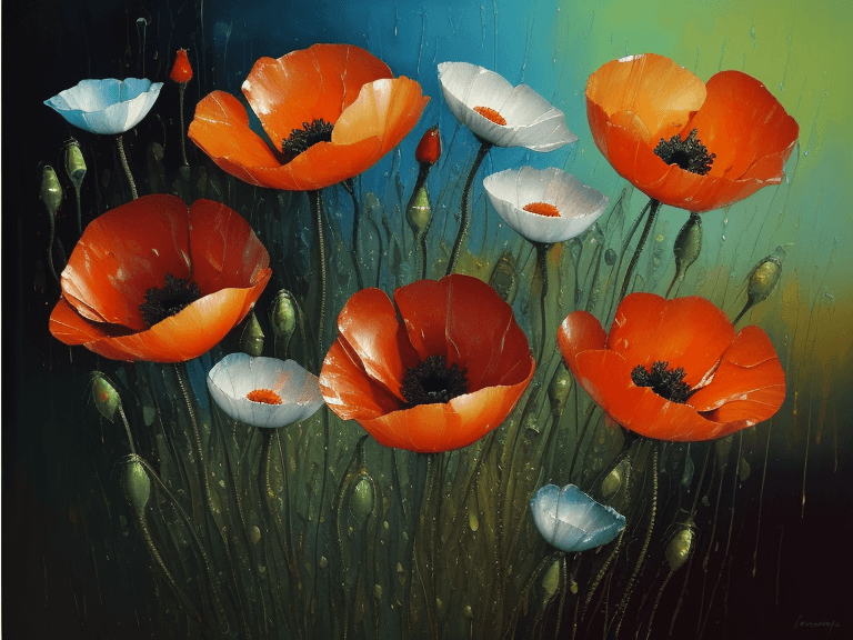 AI generated: Poppy flowers, oil painting, wet on wet, shiny silver metallics, colorful, abstract impressionism, p...