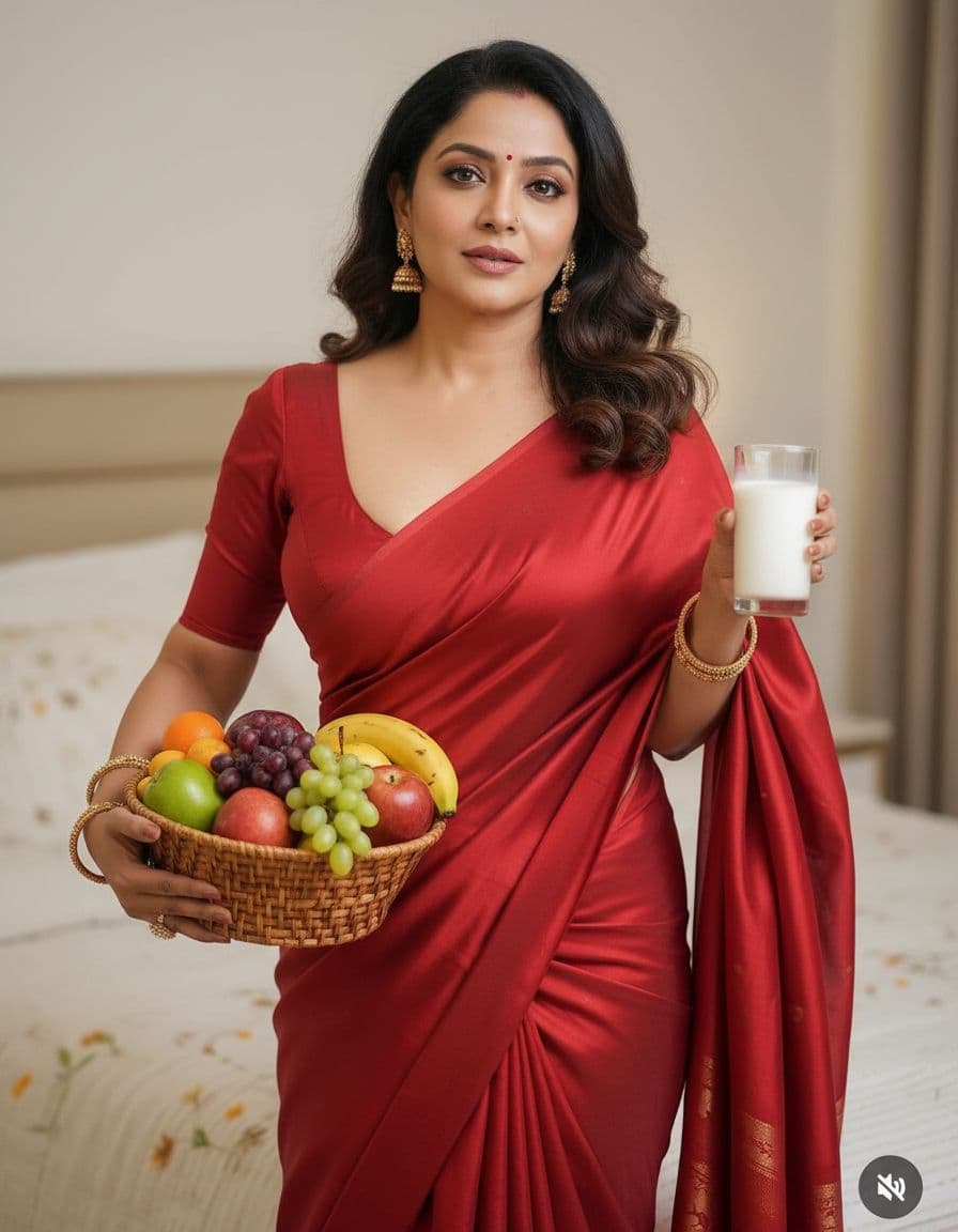 AI generated: Transform attached Image to sexy Indian aunty with a revealing low cut blouse wearing red saree , de...
