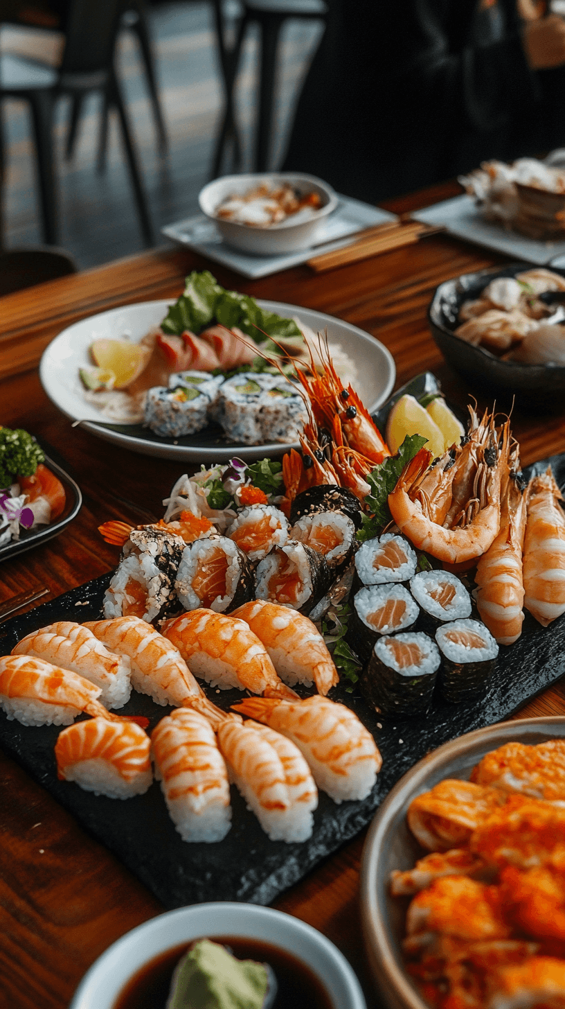 AI generated: Sumptuous Asian seafood feast with sashimi, tempura prawns, and steamed fish, oceanic delights, seaf...
