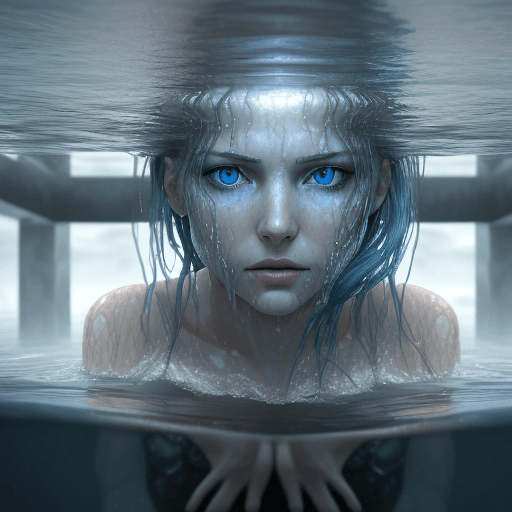 AI generated: the face of woman with beautiful blue eyes, in water, in the style of dystopian realism, realistic p...