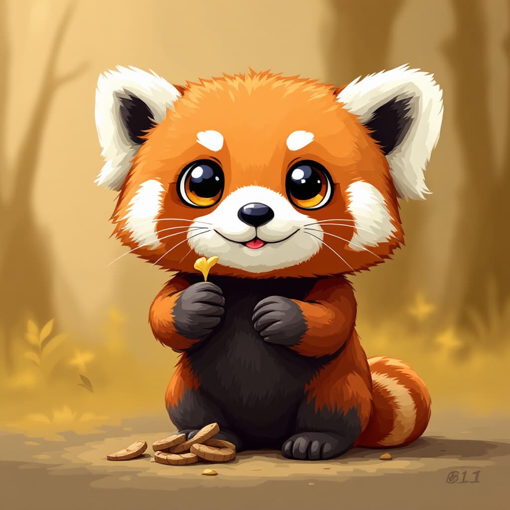 AI generated: red panda, cute appearance, docile character, big eyes, round ears, flat face, thick tail, vivid, fu...