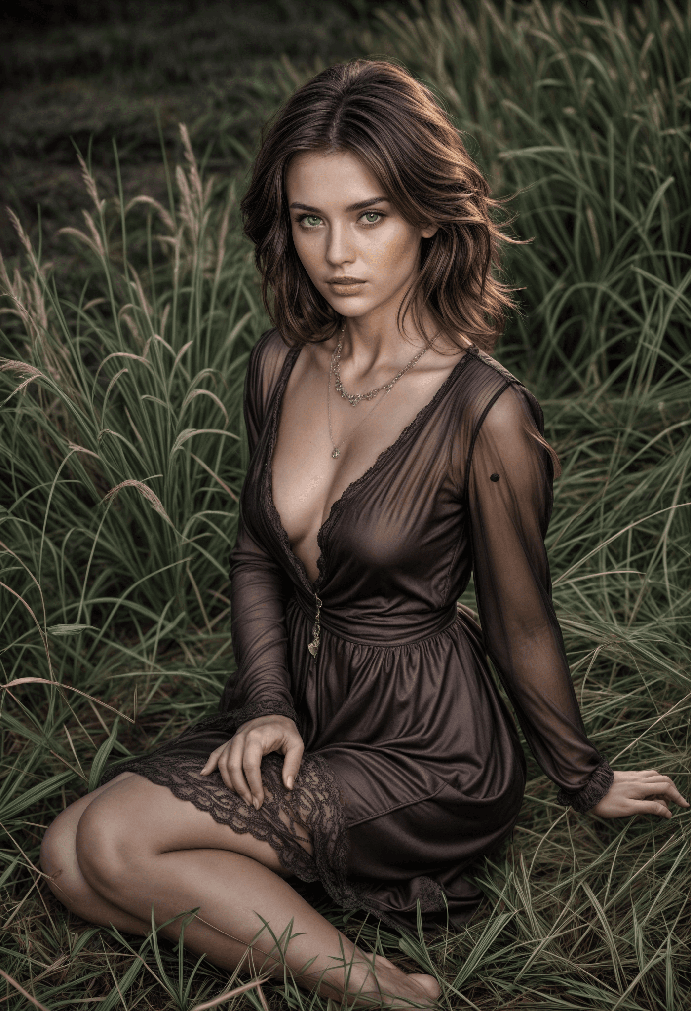 AI generated: A captivating photograph features a charming woman seated on the ground, her posture gently tilted t...