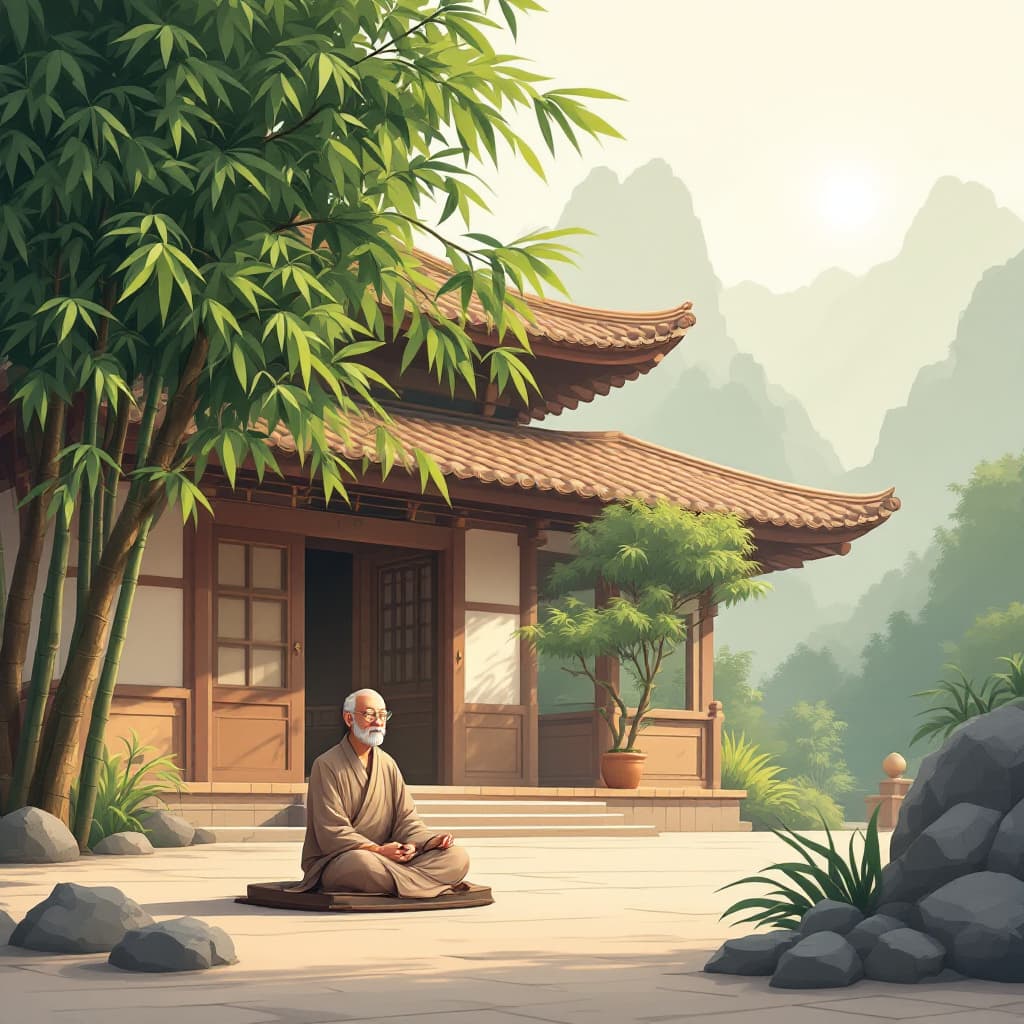 AI generated: A serene Zen temple nestled in the mountains, illustrated in a stylized cartoon aesthetic. The wise,...