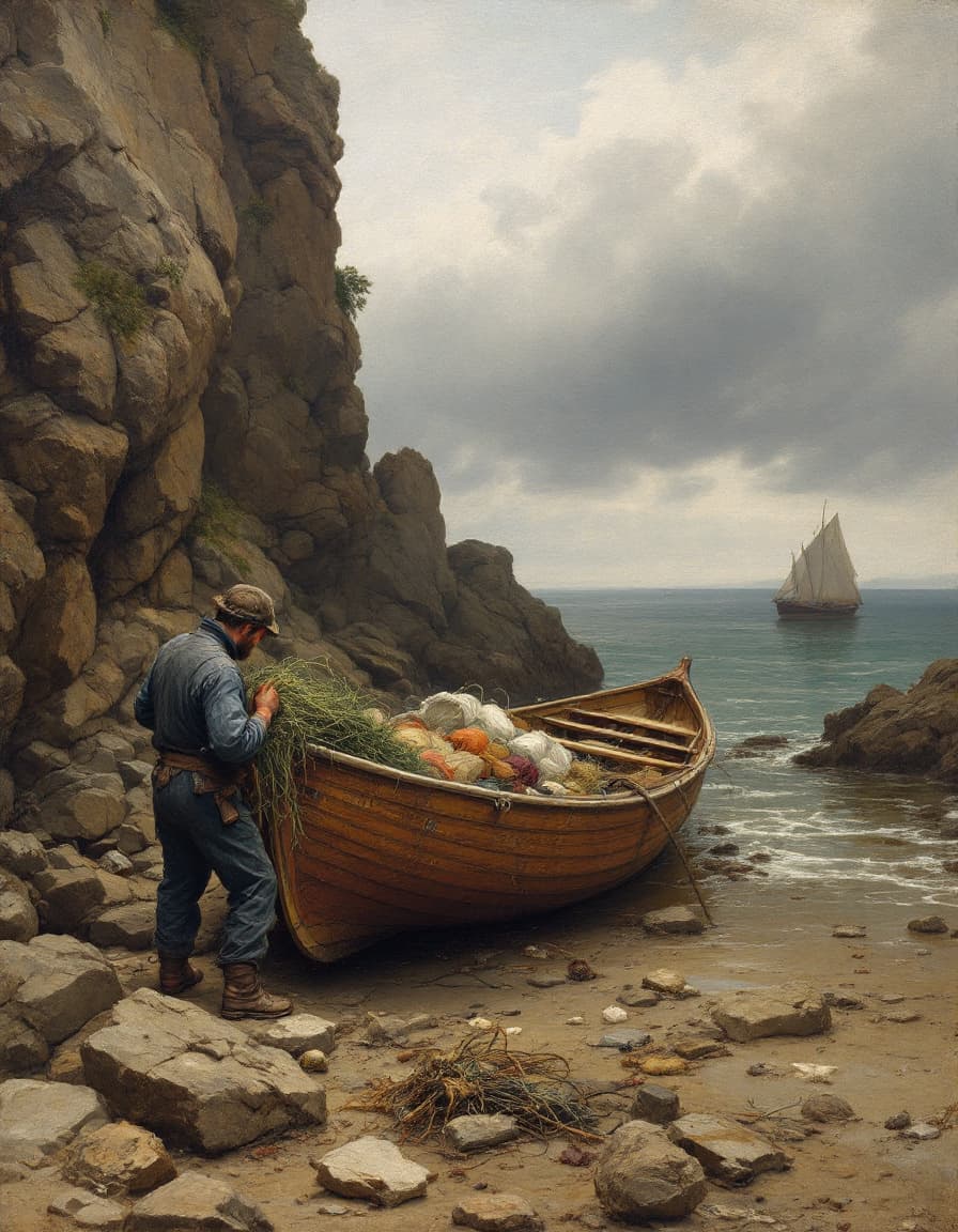 AI generated: A  painting inspired by Albrecht Durer of a rocky beach where a rowboat has been hauled out of the w...