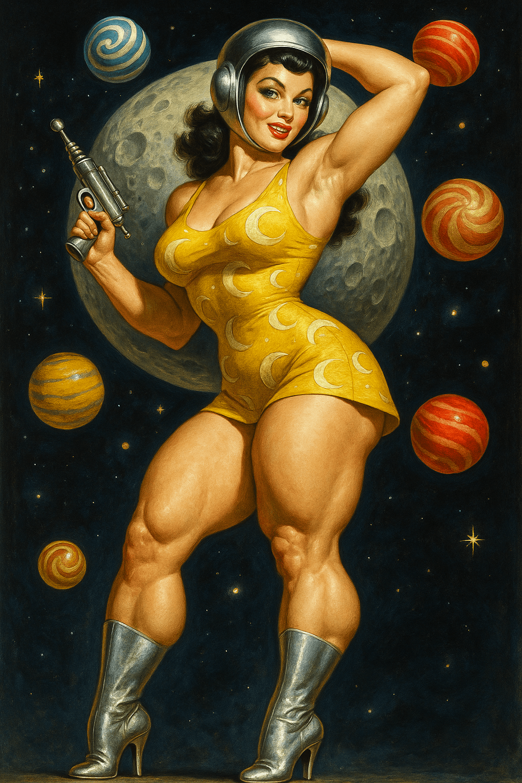 AI generated: Full-body painting of a pin-up woman in a short yellow lunar-themed dress, inspired by Joyce Ballant...