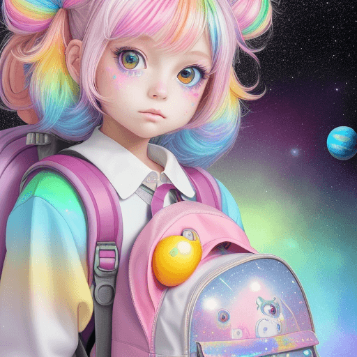 AI generated: a close up of a girl with a backpack, an anime drawing, kawaii decora rainbowcore, pearlescent white...