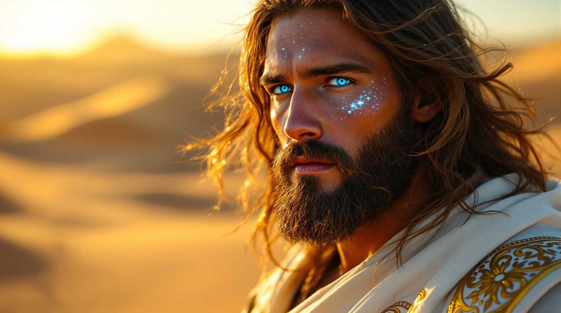 AI generated: A hyper-realistic close-up portrait of Jesus Christ standing in the desert. His long, flowing brown ...