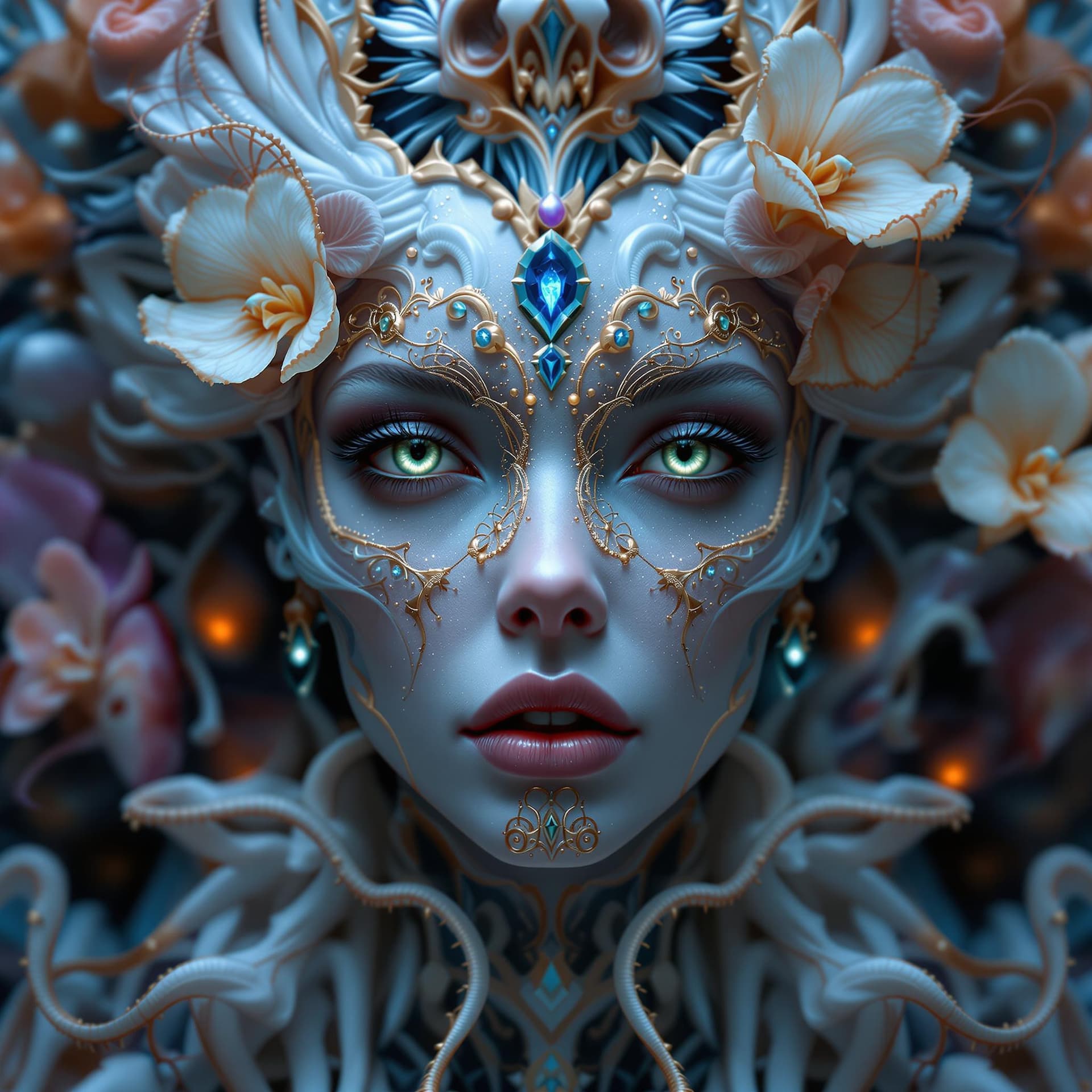 AI generated: Goddess close-up portrait ribcagel. jellyfish phoenix head, nautilus, orchid, skull, betta fish, bio...