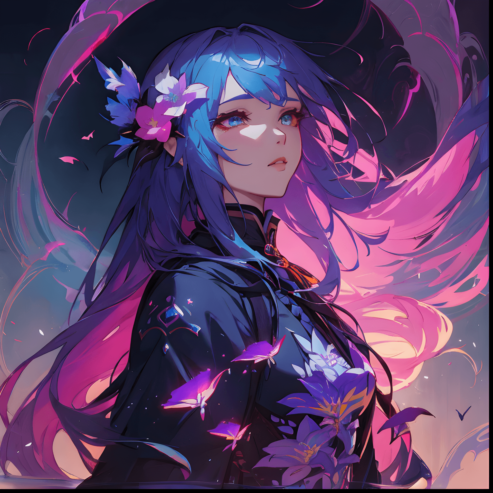 AI generated: a woman with long hair and flowers in her hair, inspired by rossdraws, fantasy art, beeple and james...