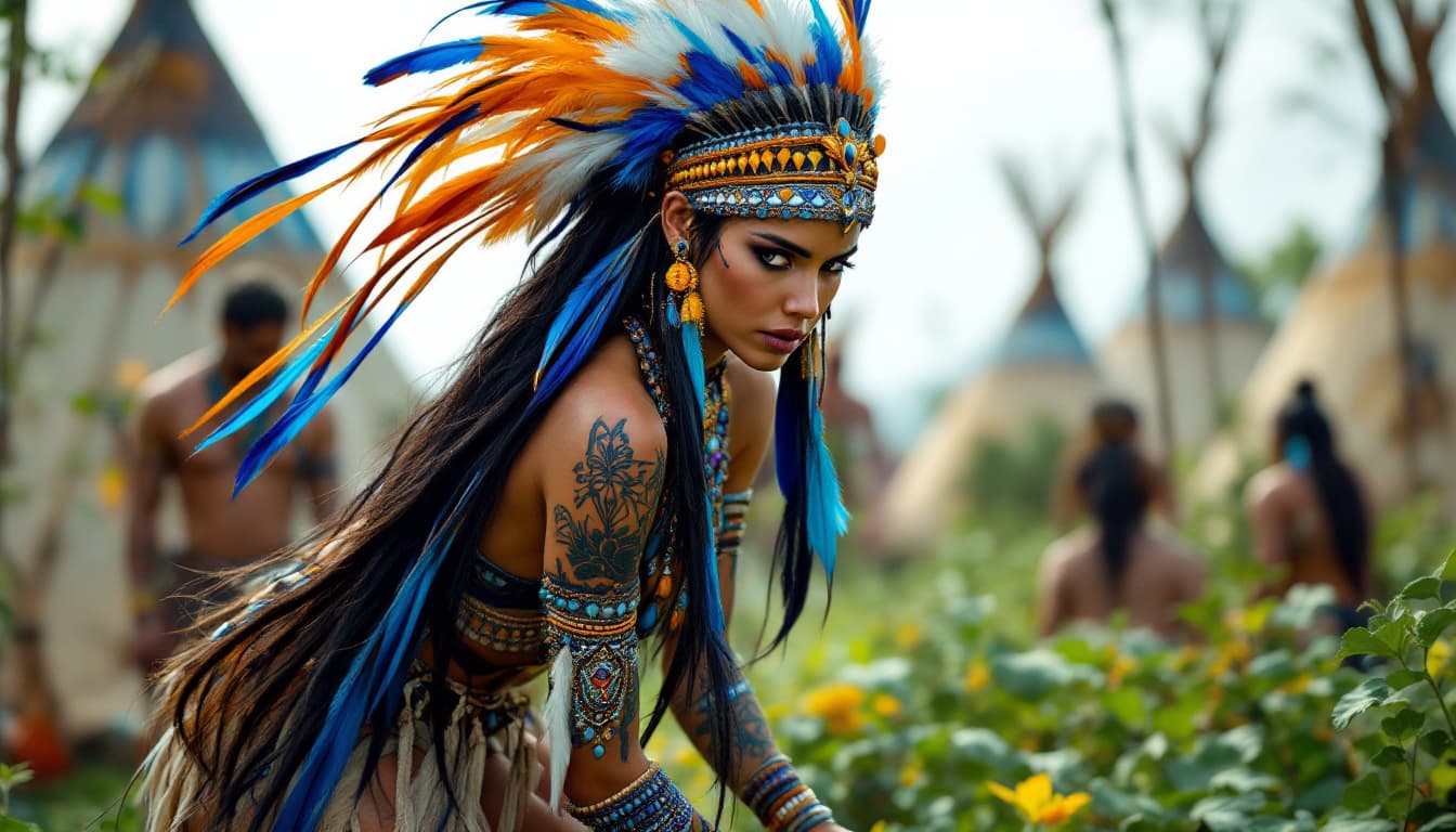 AI generated: A realistic, full body view of a gorgeous, Native American female that is around 25 years old. Her h...