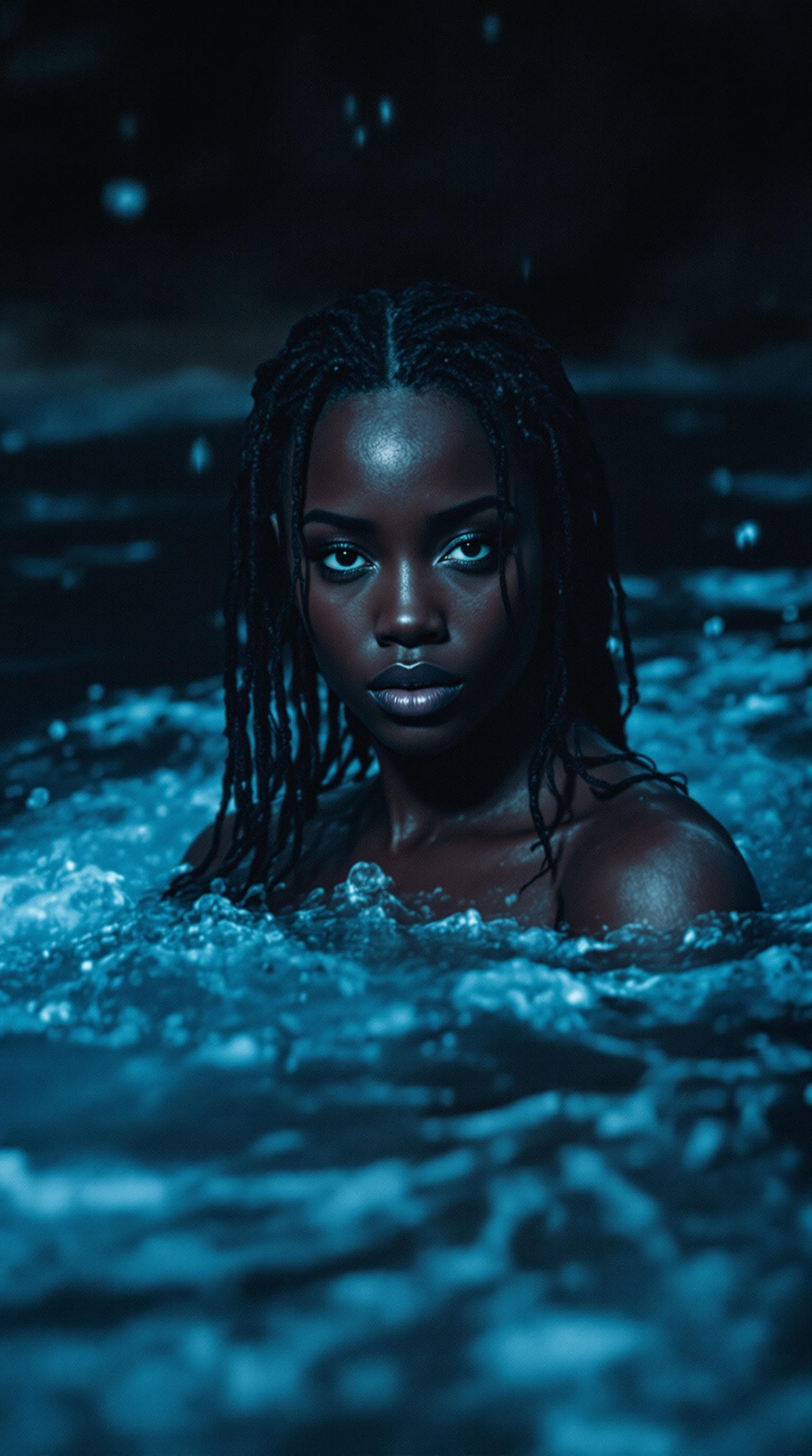 AI generated: hot spring in a river flow, a black African  woman with long wet  hair swims in the water, The image...